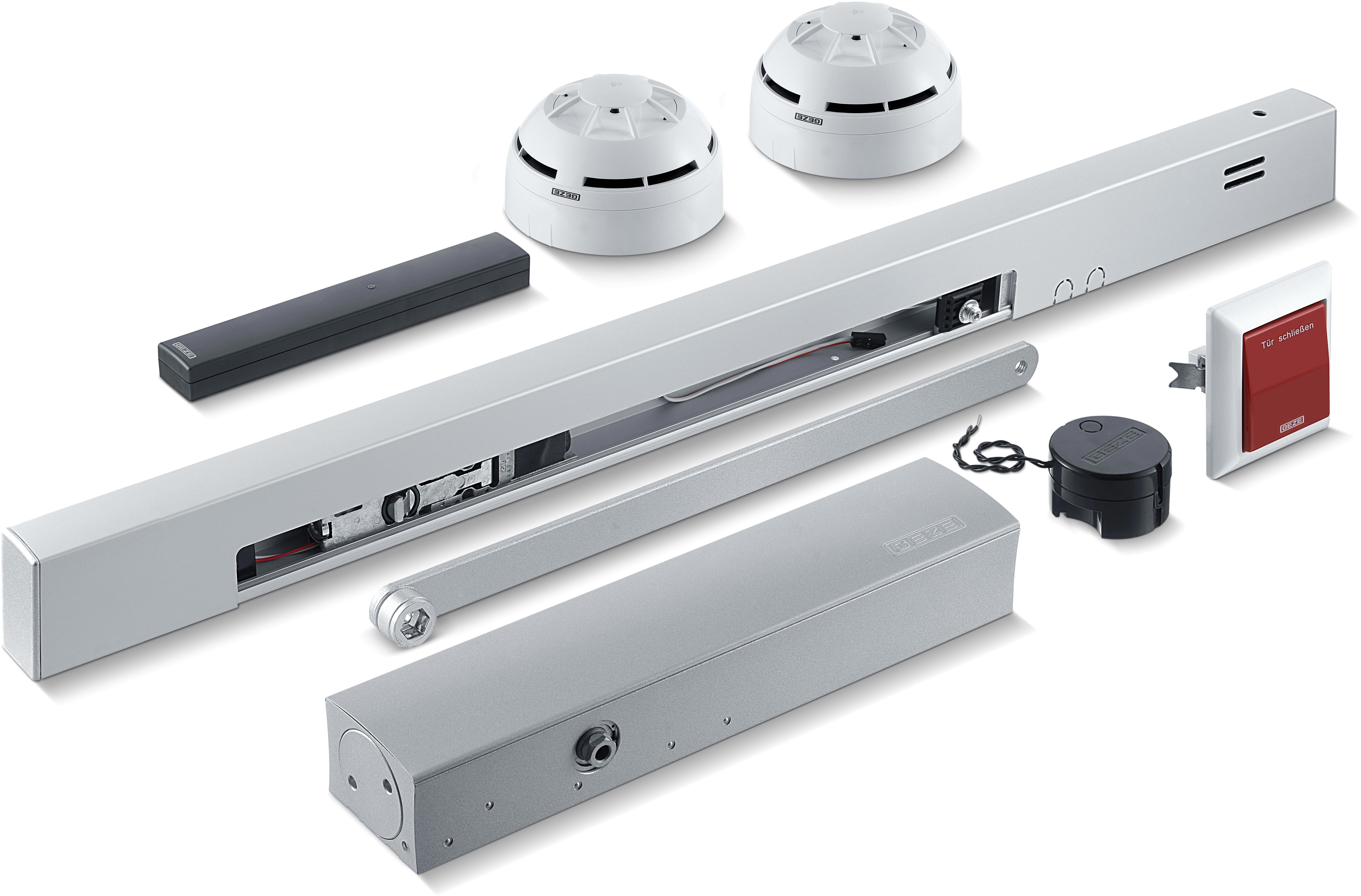 Verschiedene Komponenten eines Stahlbau-Systems, darunter zwei Rauchmelder, ein...